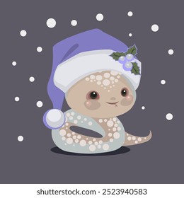 Seamless pattern with cute kawaii snake in hat. Christmas party.