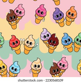 Seamless pattern of cute kawaii style ice cream cone. Decorative tiny design elements in doodle Japanese style 