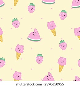 Patrón sin foco de helados, sandía y fresa al estilo kawaii. 