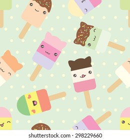 Seamless pattern of cute kawaii style ice cream bars . Decorative bright colorful design elements in doodle Japanese style isolated on retro polka dot background. Vector illustration.