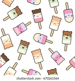 Seamless pattern of cute kawaii style ice cream bars . Decorative tiny design elements in doodle Japanese style isolated on white background. Vector illustration.
