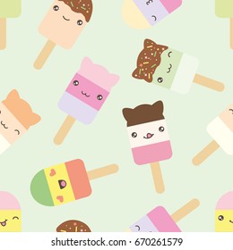 Seamless pattern of cute kawaii style ice cream bars . Decorative bright colorful design elements in doodle Japanese style isolated on green background. Vector illustration.