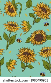 Nahtloses Muster mit süßen kawaii-Sonnenblumen. Vektorgrafiken.