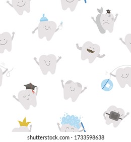 Seamless pattern with cute kawaii teeth. Vector background with tooth icons for children design. Funny dental care digital paper for kids. Dentist baby clinic texture with mouth hygiene concept