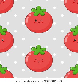 Seamless pattern of cute kawaii tomato. Vegetable print with different emotions of tomato. Flat vector illustration.