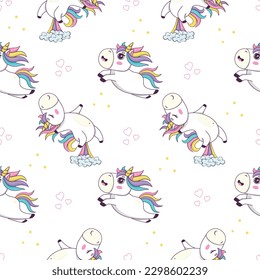 Seamless pattern with cute kawaii unicorn with rainbow mane and horn in anime style jumping and farting