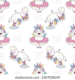 Seamless pattern with cute kawaii unicorn with rainbow mane and horn in anime style jumping and farting