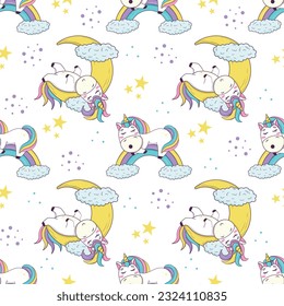 Seamless pattern with cute kawaii unicorn with rainbow mane and horn in anime style sleeping