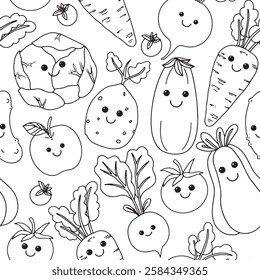 seamless pattern of cute kawaii vegetables. vector illustration in doodle style