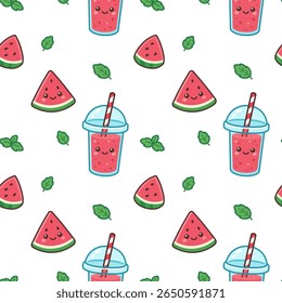 Seamless pattern with cute kawaii watermelon characters. A repeating background with smiling smoothie cups, fruit slices, and mint leaves. Vector illustration for a summer party or cafe decor.