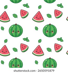 Seamless pattern with cute kawaii watermelon characters. A fun summer background featuring smiling whole watermelons, fruit slices, and mint leaves. Vector illustration for fabric, print, or wallpaper