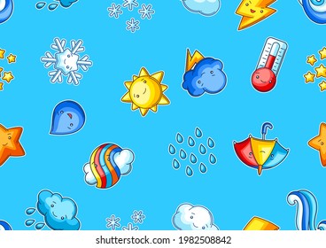 Seamless pattern with cute kawaii weather items. Funny seasonal child illustration.