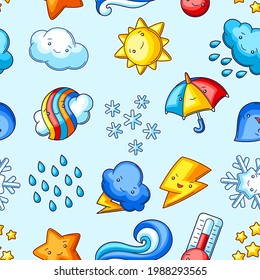 Nahtloses Muster mit süßen kawaii Wettergegenständen. Sonnige, saisonale Kindergrafik.
