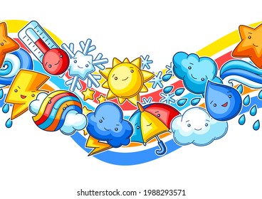 Nahtloses Muster mit süßen kawaii Wettergegenständen. Sonnige, saisonale Kindergrafik.