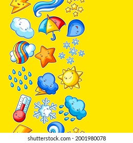 Seamless pattern with cute kawaii weather items. Funny seasonal child illustration.