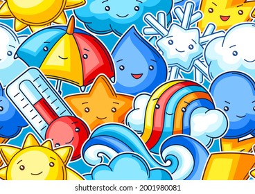 Seamless pattern with cute kawaii weather items. Funny seasonal child illustration.