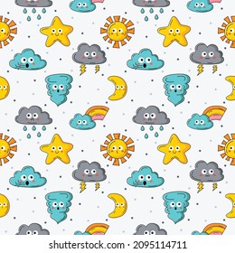 Patrón sin foco con un clima kawaii lindo aislado en el fondo blanco. Ilustración vectorial.