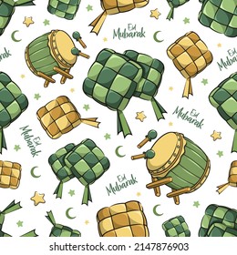 Seamless Pattern Cute Ketupat Rice Cake With Bedug Moslem Drum, Eid Mubarak. Cartoon Illustration