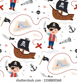 Seamless pattern with cute kid boy pirate. Cartoon child holding sword. Treasure hunt texture background. Preschooler in a pirate costume. Flat vector illustration