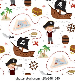 Seamless pattern with cute kid boy pirate. Cartoon child uses spyglass. Treasure hunt texture background. Different pirates elements. Preschooler in corsair costume. Flat vector illustration