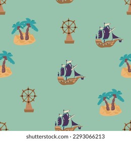 Seamless pattern with cute kid boy pirate. Cartoon child holding sword. Treasure hunt texture background. Preschooler in a pirate costume. Flat vector illustration,