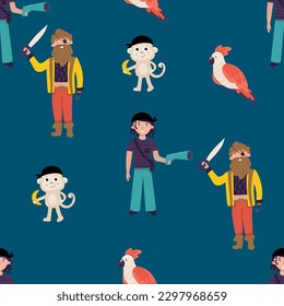 Seamless pattern with cute kid boy pirate. Cartoon child holding sword. Treasure hunt texture background. Preschooler in a pirate costume. Flat vector illustration