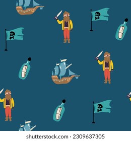 Seamless pattern with cute kid boy pirate. Cartoon child holding sword. Treasure hunt texture background. Preschooler in a pirate costume. Flat vector illustration