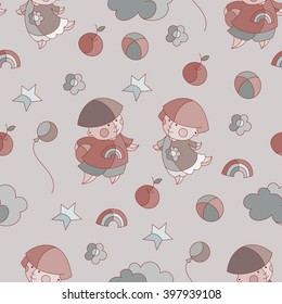 Seamless pattern with cute kids and birthday symbols in pastel colors. Boy and girl in cartoon style. Vector illustration.