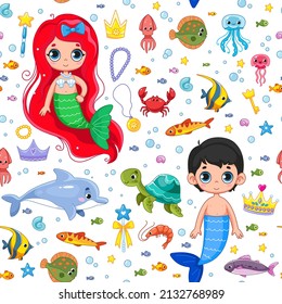 Seamless pattern with cute kids boy and girl with mermaid tails. Vector marine illustration with fishes, mermaids, turtle in a minimalistic flat style, hand drawn. Print for children