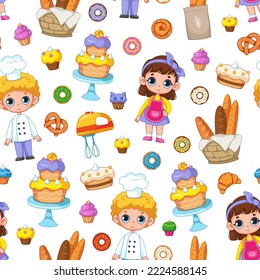 Seamless pattern with cute kids chefs or bakers, cakes, pastries, profession on a white background. Vector fairy tale illustration in a minimalistic flat style, hand drawn. Print for children