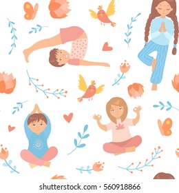 Seamless pattern with cute kids doing yoga exercises with floral elements, birds, lotus. Yoga kids set. Gymnastics for children and healthy lifestyle. Vector illustration.