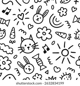 Seamless pattern of cute kids elements. Hand drawn fun childish print. Vector line illustration