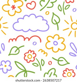 Seamless pattern of cute kids elements. Hand drawn fun childish print. Vector line illustration