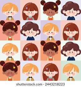 Patrón sin costuras con caras de niños lindos. Fondo kawaii infantil con diversos personajes infantiles para decoración de guardería, papel de envolver, papel pintado, tarjetas de felicitación y pancartas. Ilustración vectorial.