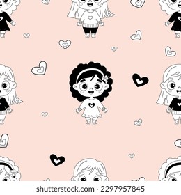 Patrón sin foco con niños lindos. Graciosas chicas felices con un fondo rosa claro con corazones. Ilustración vectorial. doodle de dibujo manual. Recogida de niños para diseño, textiles, papel pintado, embalaje 