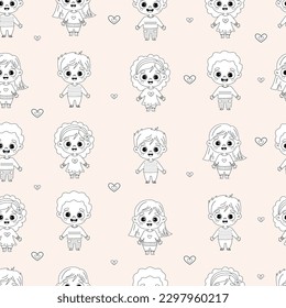 Seamless pattern with cute kids. Funny boys and girls on light background. Vector illustration. Linear hand drawing, outline. Childrens collection