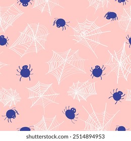 Seamless pattern Cute kids Halloween spider. Vector black spiders and spider web on orange background. Template creepy print for Halloween decoration, design, wallpaper, textile, fabric, wrapping.