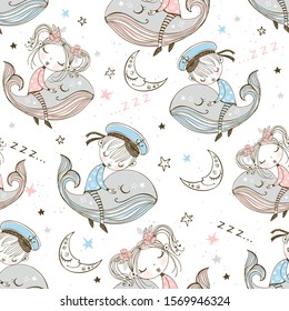 Seamless pattern with cute kids sleeping on whales. Sweet dream. Vector.