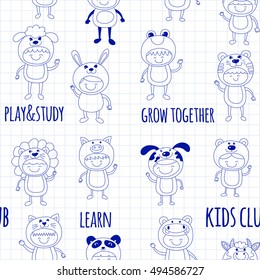 Seamless pattern with cute kids wearing animal costumes
