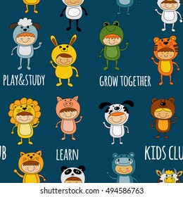 Seamless pattern with cute kids wearing animal costumes
