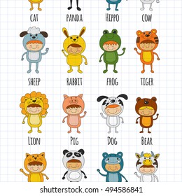 Seamless pattern with cute kids wearing animal costumes
