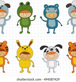 Seamless pattern with cute kids wearing animal costumes