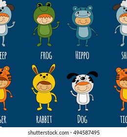 Seamless pattern with cute kids wearing animal costumes
