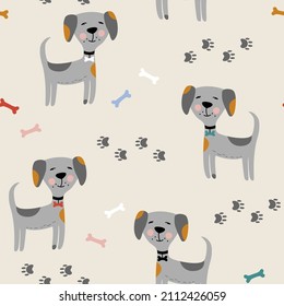 Seamless pattern with cute kind cartoon style dog, dog footprint and bone.