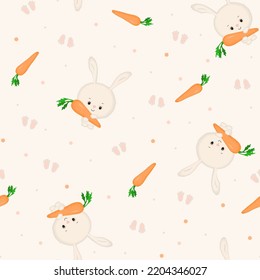Seamless pattern with cute kind little bunny holding big carrot. For kids print, clothes. For baby things.