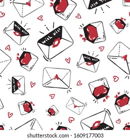Seamless pattern with cute kissed envelope, love letters mails with red heart on white background. Doodle style for surface design. Hand drawn vector illustration.