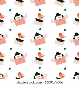 Seamless pattern with cute kissed envelope, love letters mails with red heart on white background. Doodle style for surface design. Hand drawn vector illustration.