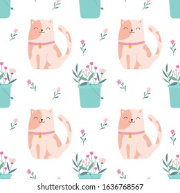 Seamless pattern cute kitten with a bouquet of flowers. Spring mood, home plants. Cartoon vector print for wrapping, kids clothing, fabric, wallpaper,  bed textile.