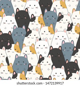 Seamless pattern with cute kitten family cartoon, vector illustration