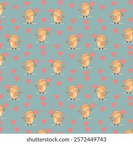 seamless pattern with cute kitten holding a flower  with hearts on dust mint background, floral pattern with cartoon cat backdrop for children decor